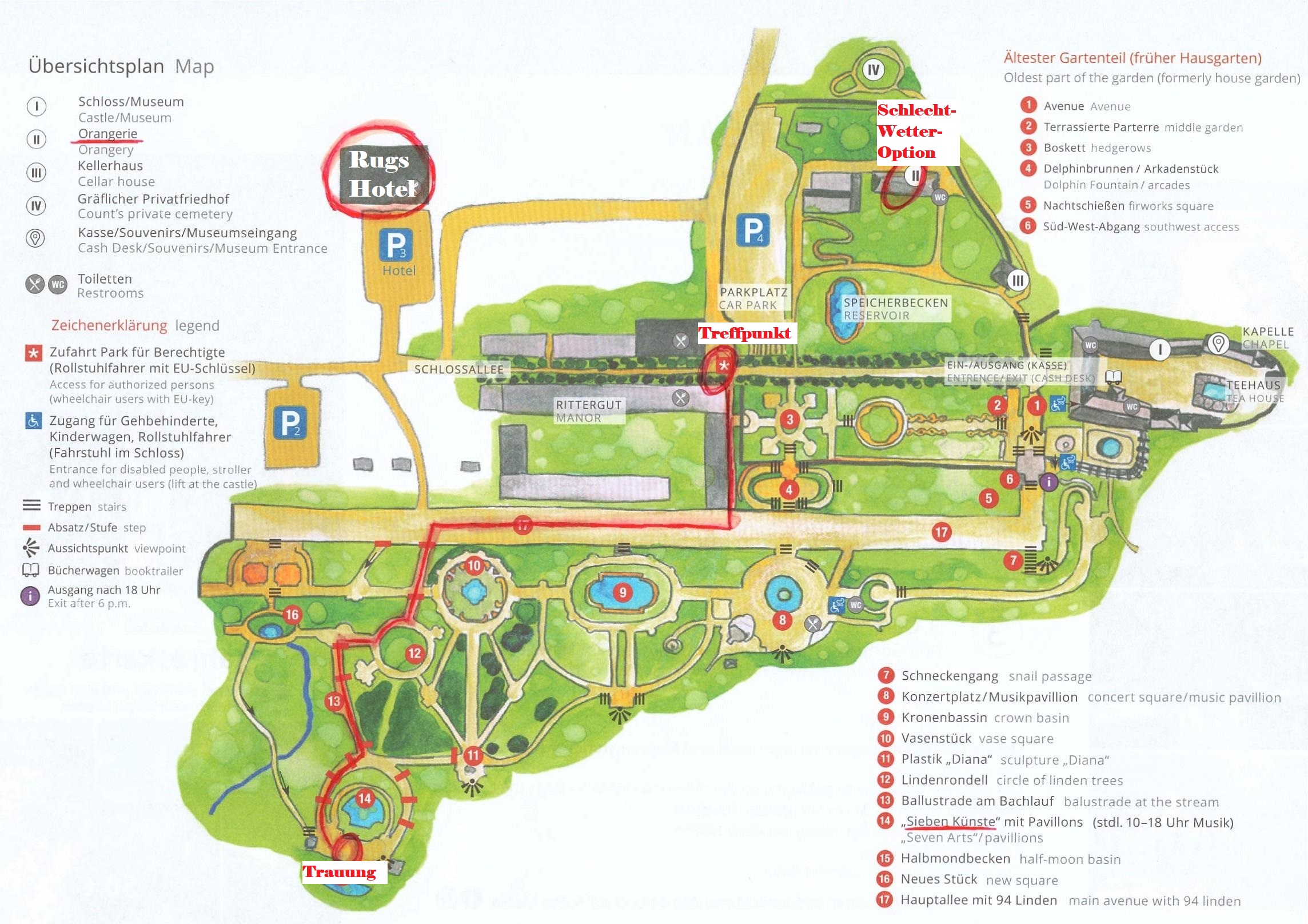 Schlossplan mit Treffpunkt, Trauung, Hotel und Schlechtwetter-Option